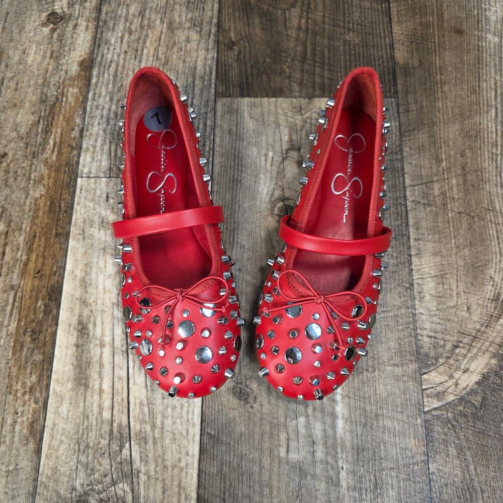 Jessica Simpson Red Studded Mary Jane Flats Size 7 Indie Sleaze - Picture 3 of 8